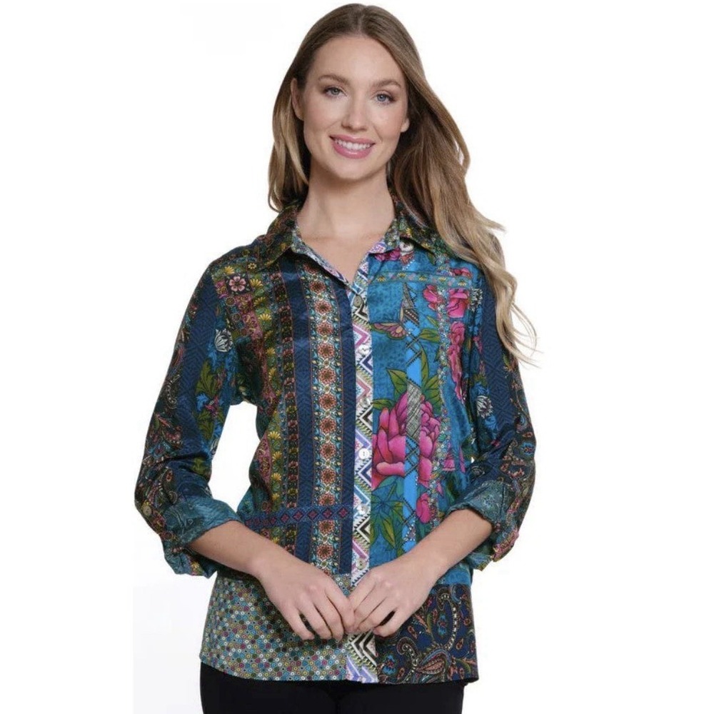 New John‎ Mark Floral Women's Plus Size 3X Roll Tab Sleeve Silky Top Artsy Boho
